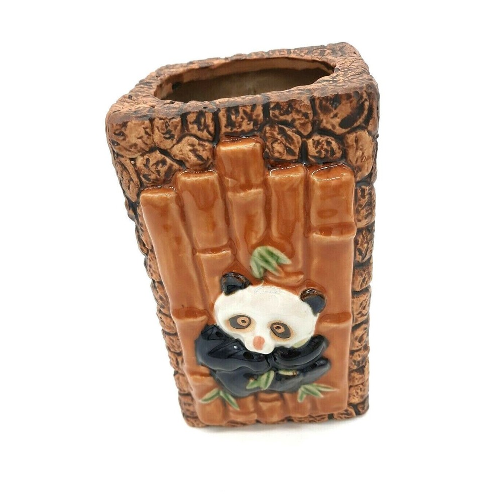 Vintage PV 800p Panda Bamboo Majolica Pottery 7.5" Planter Vase